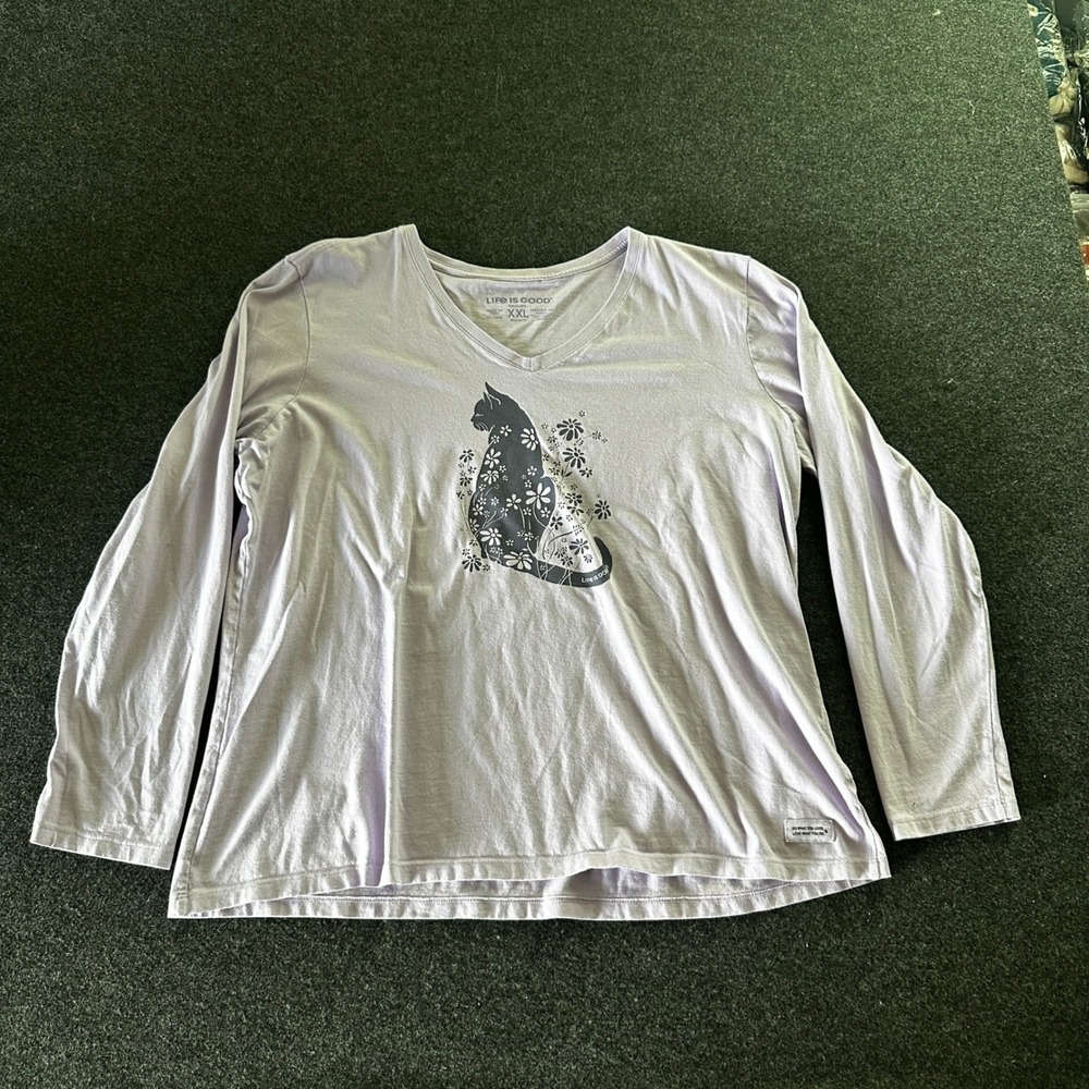 Life is Good Womens XXL Crusher Long Sleeve V-Neck T-Shirt Lavender Floral Cat